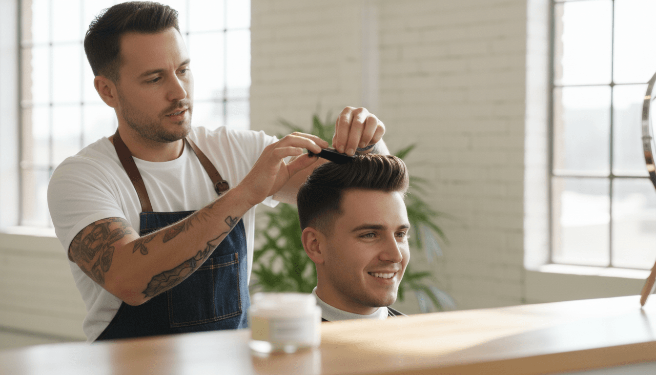 Barber styling a client's hair with product