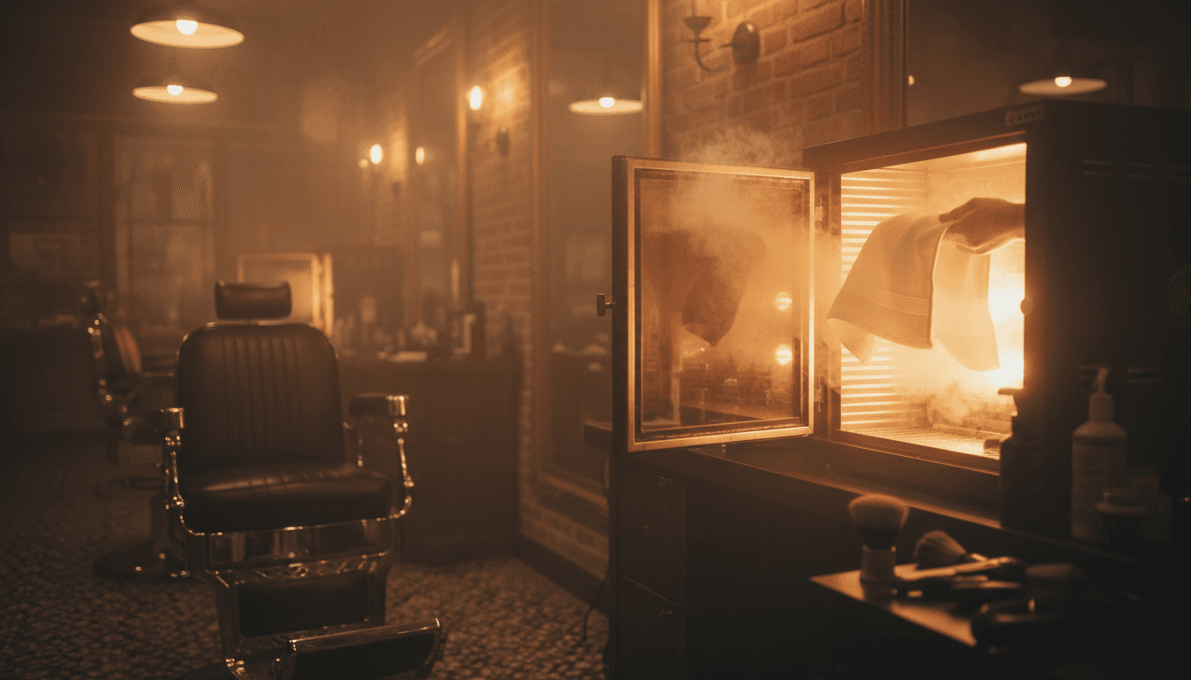 Steam rising from a hot towel in a dimly lit modern barbershop