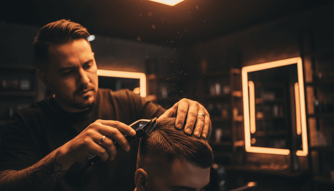 Barber executing a precise skin fade with clippers in a modern studio