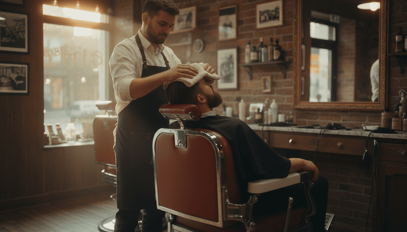 Barber applying a hot towel treatment to a relaxed client