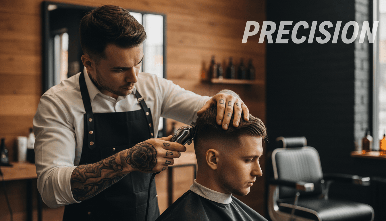 Barber's hands executing a precise fade with clippers on a client