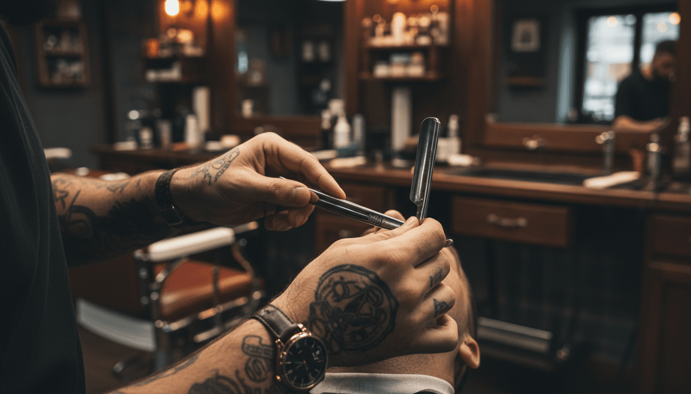 Barber's hands holding a straight razor near a client's jawline