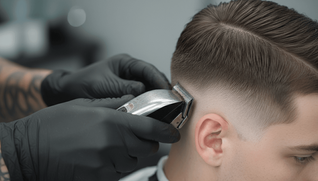 Close-up of clipper work creating a mid fade on the side of a client's head