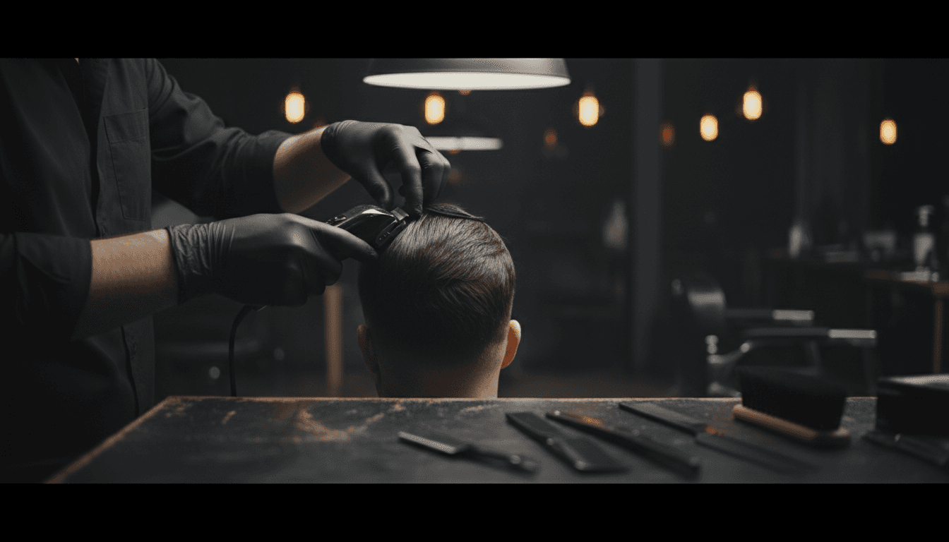 Barber's hands executing a precise fade with clippers in a moody studio