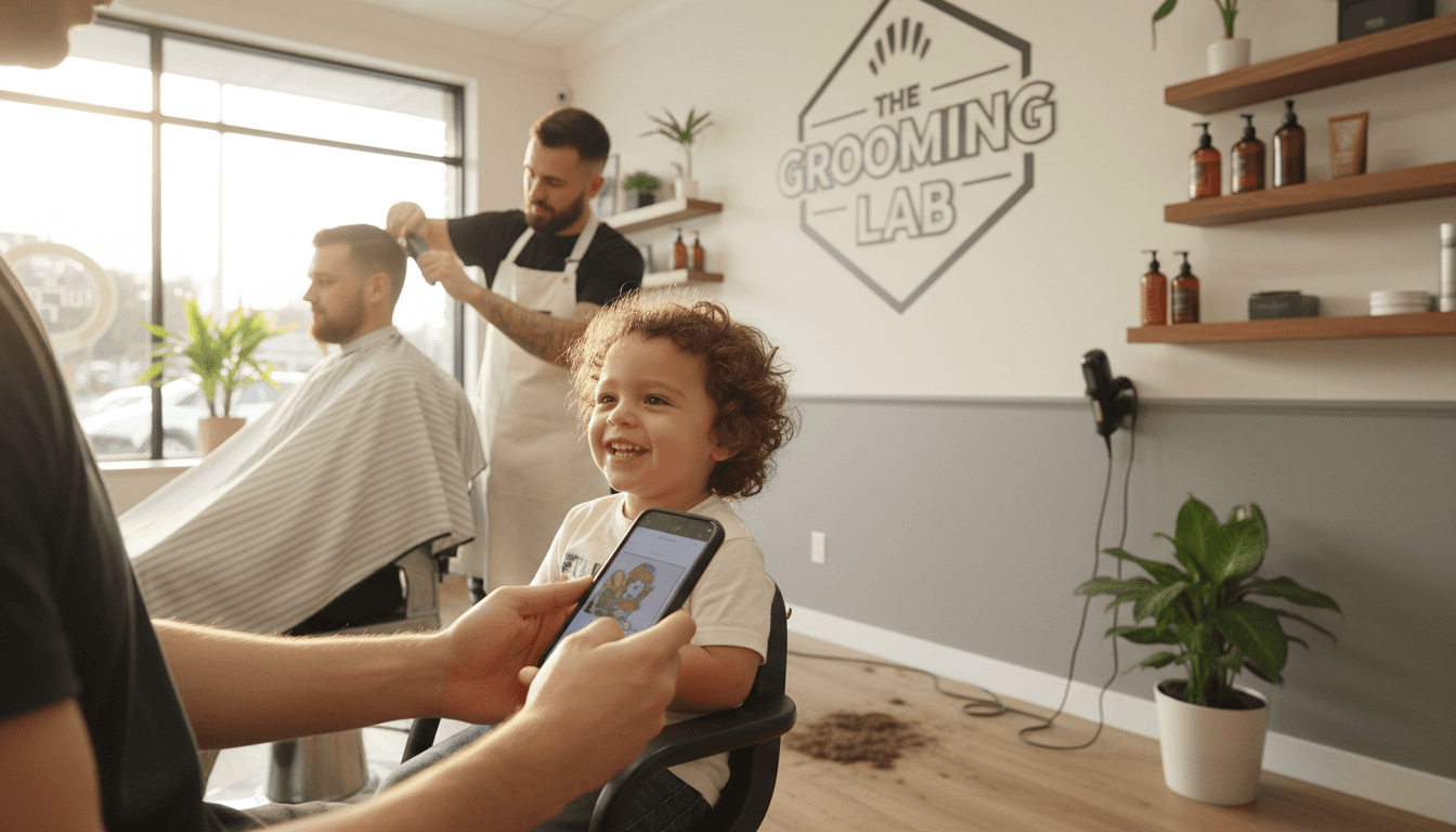 Child smiling at a phone while getting a haircut, parent holding the phone