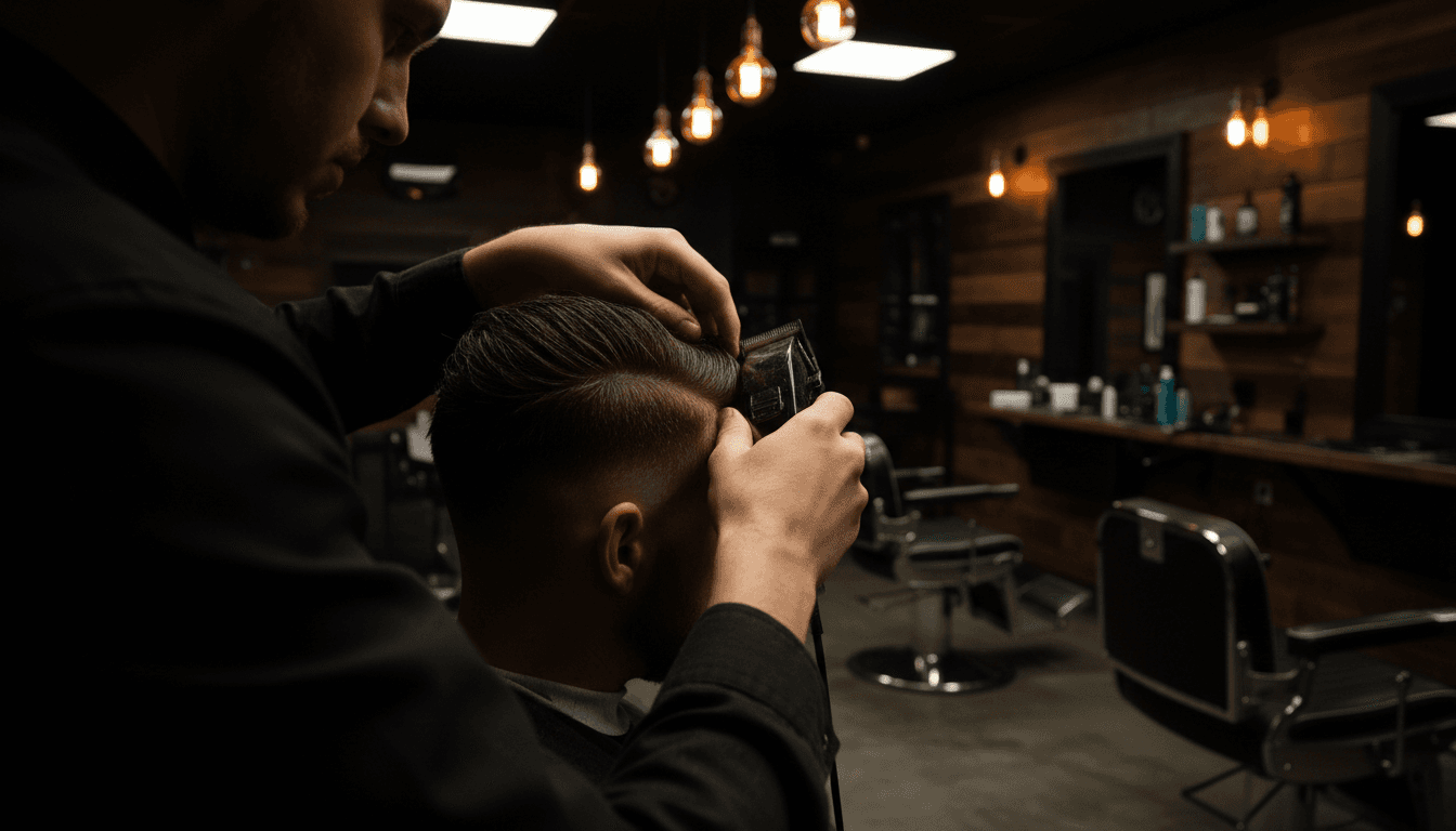 Barber using clippers to create a precise taper fade on a client in a moody, modern barbershop