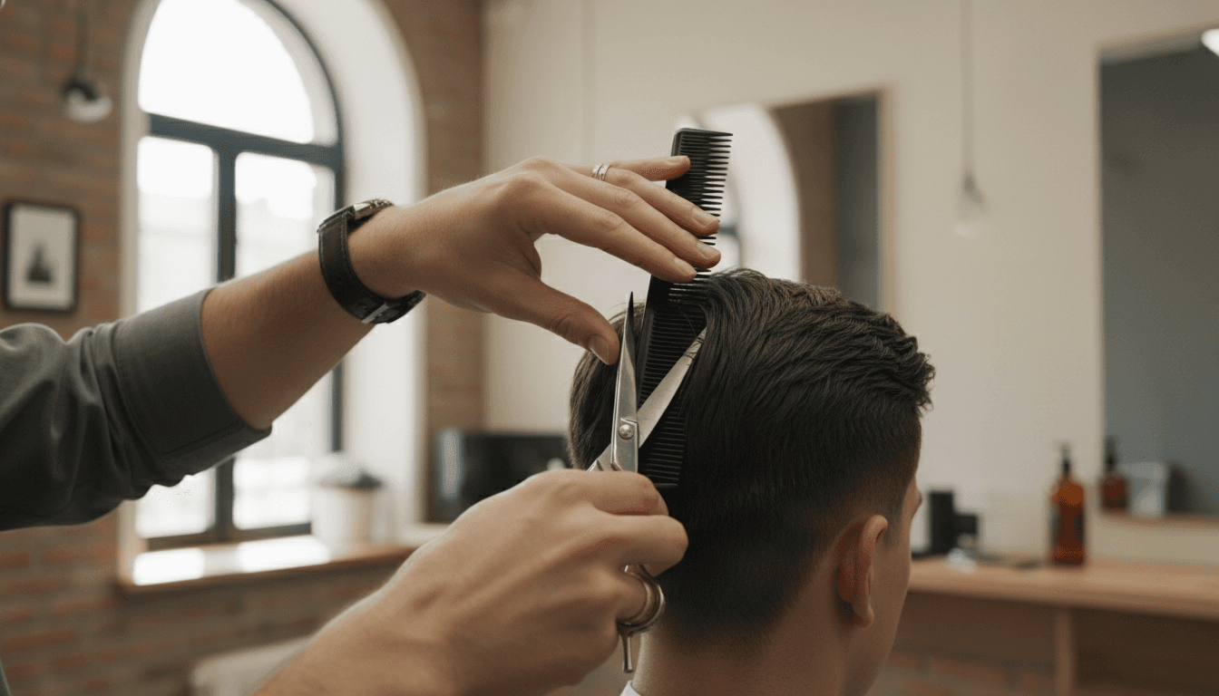 Barber styling a modern men's haircut with scissors and comb