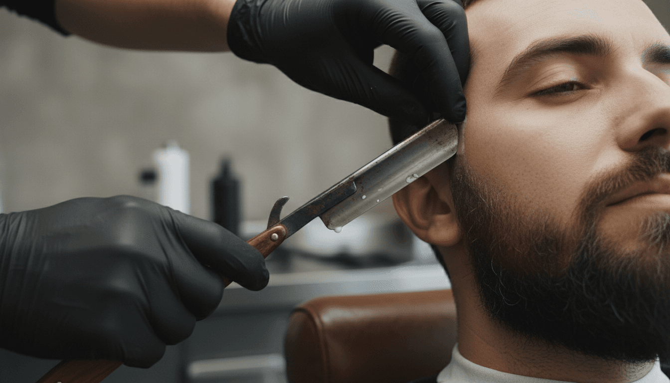 Straight razor shaping a clean beard line on a client's cheek