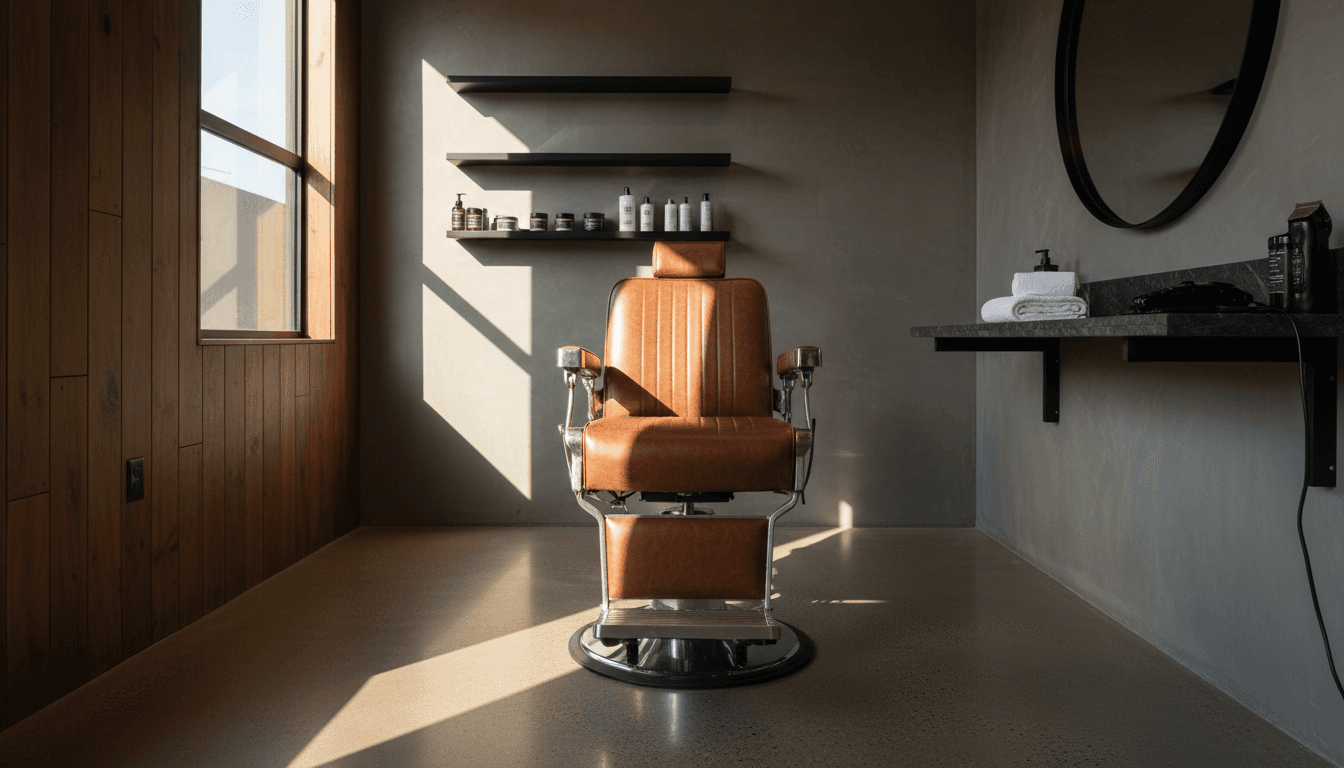A leather barber chair waiting in a sunlit modern studio