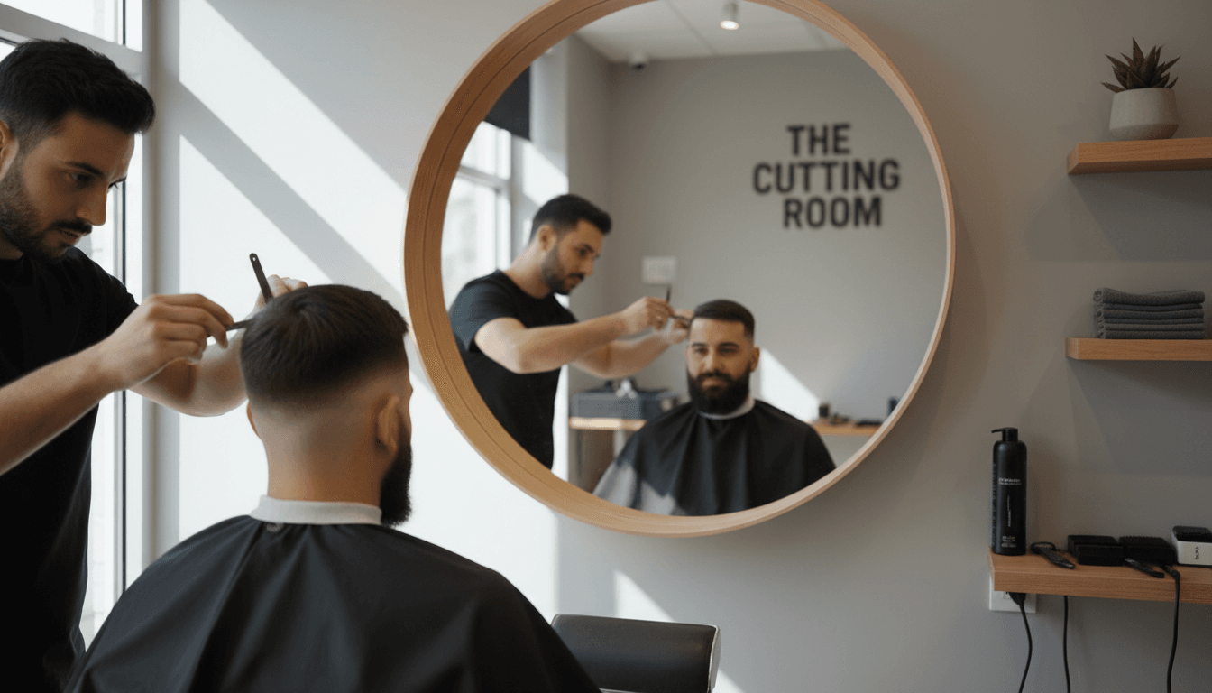 Barber perfecting a sharp beard line-up with a straight razor