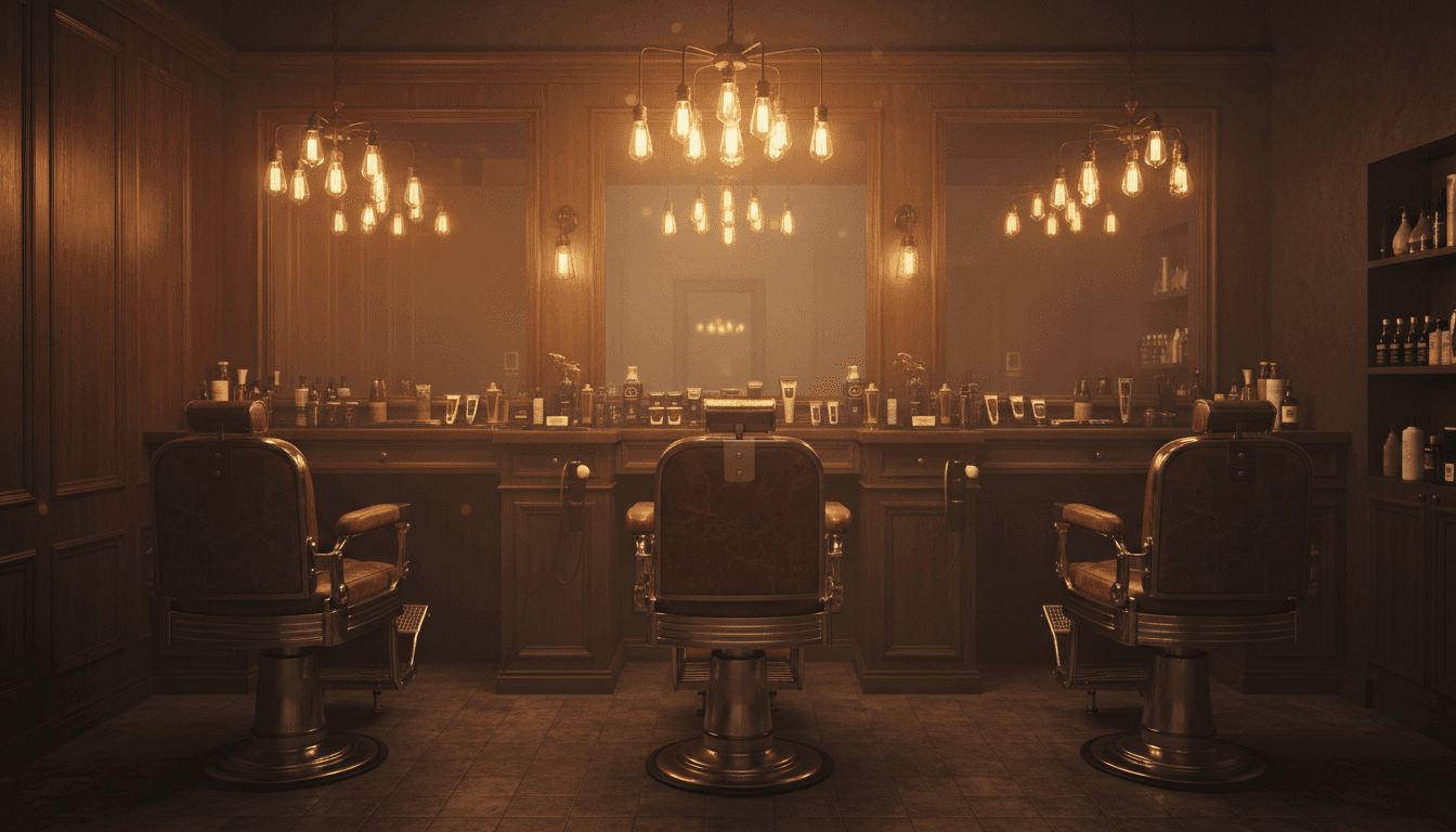 Warm interior of a modern Mission Valley barbershop at dusk with leather chairs and Edison bulb lighting