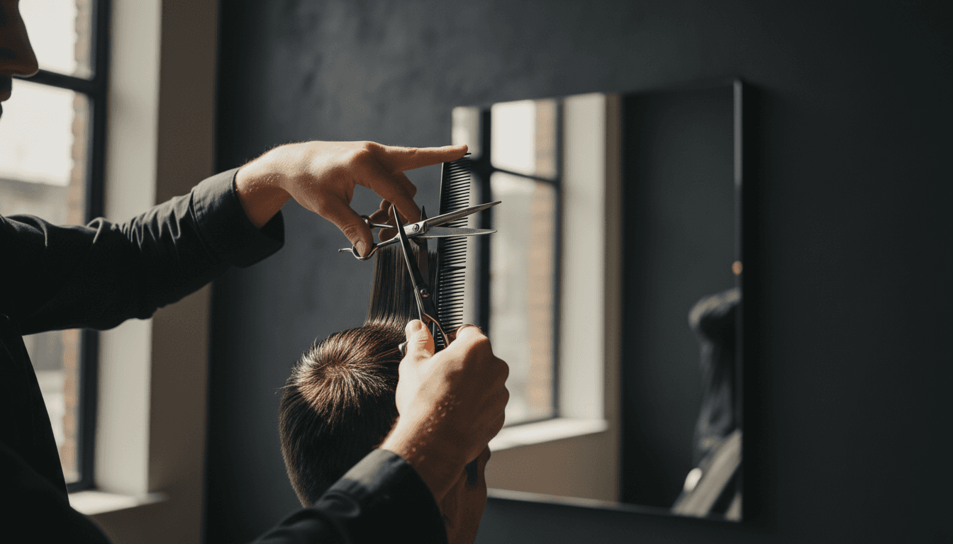 Barber's hands giving a precision scissor cut