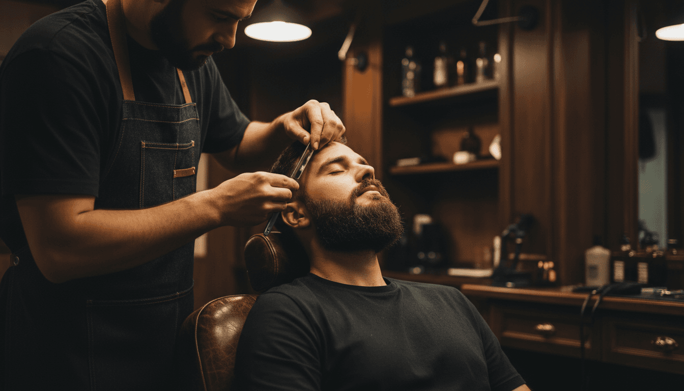 Barber performing a precise beard trim with a straight razor
