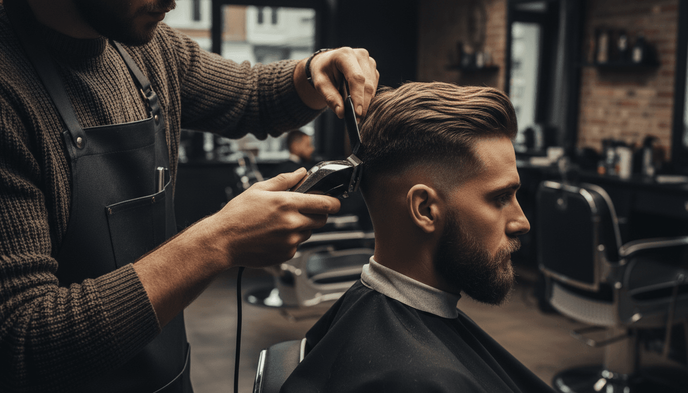Barber creating a precise fade with clippers in a modern studio