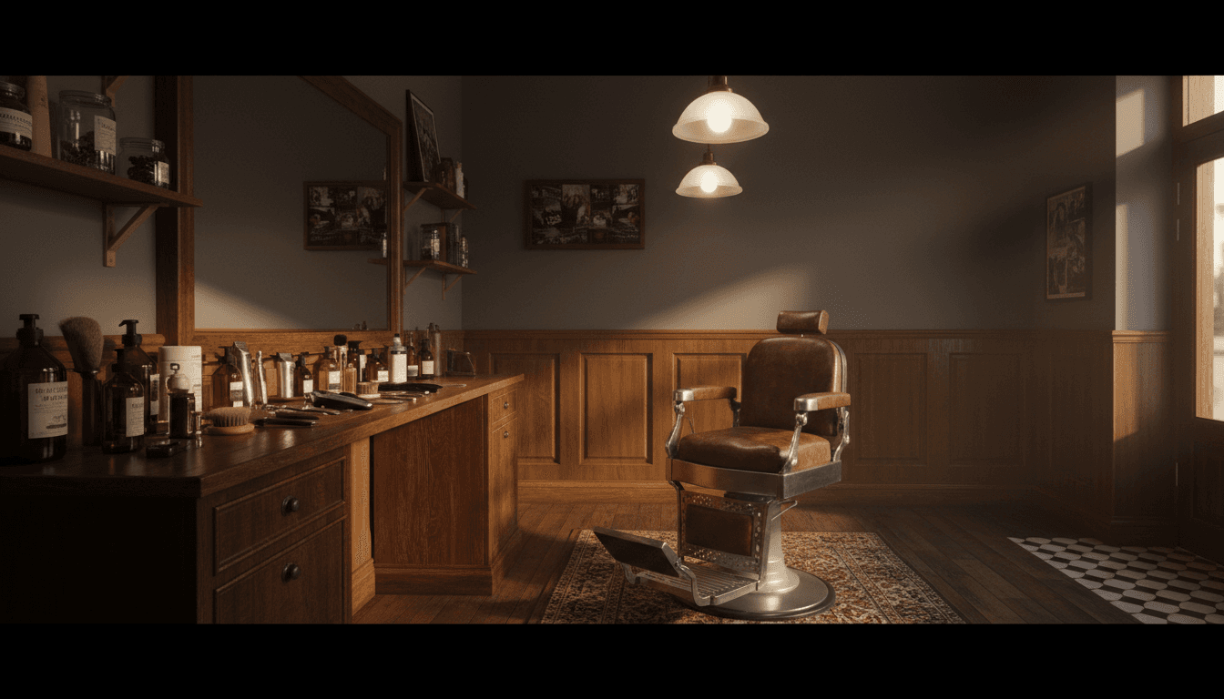 A modern barbershop chair with tools ready in the background