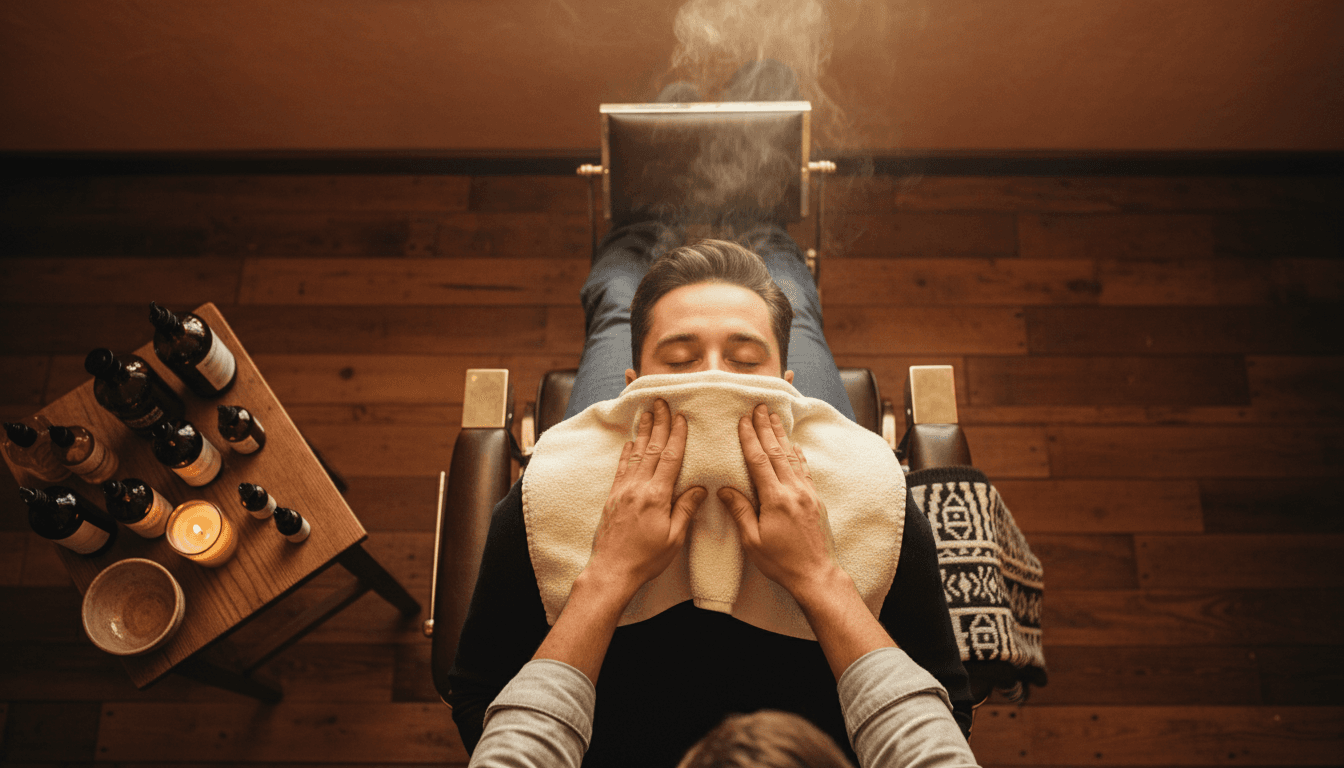 Hot towel over a man's face in a barber chair