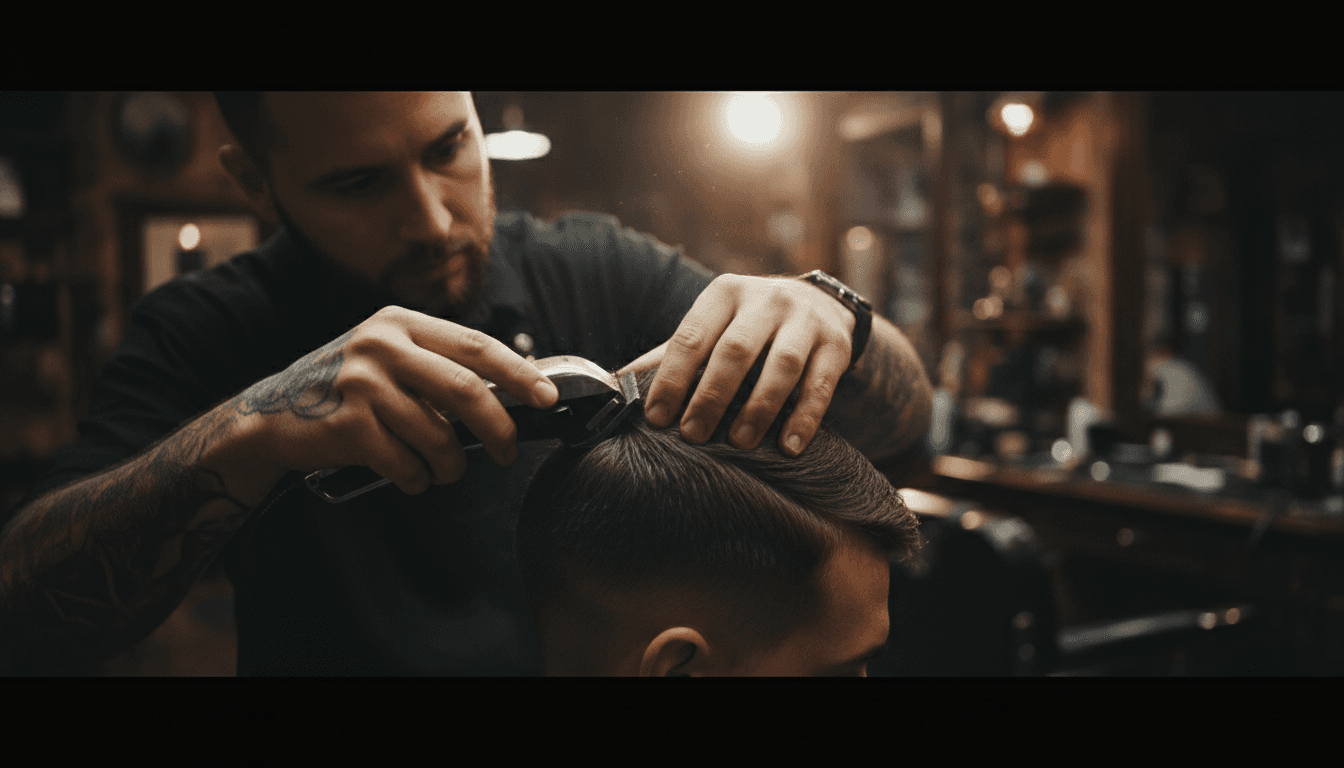 Barber detailing a precise hairline with clippers