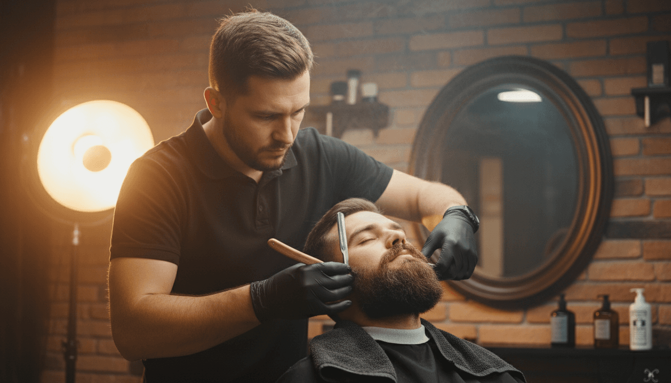 Barber shaping a beard with a straight razor