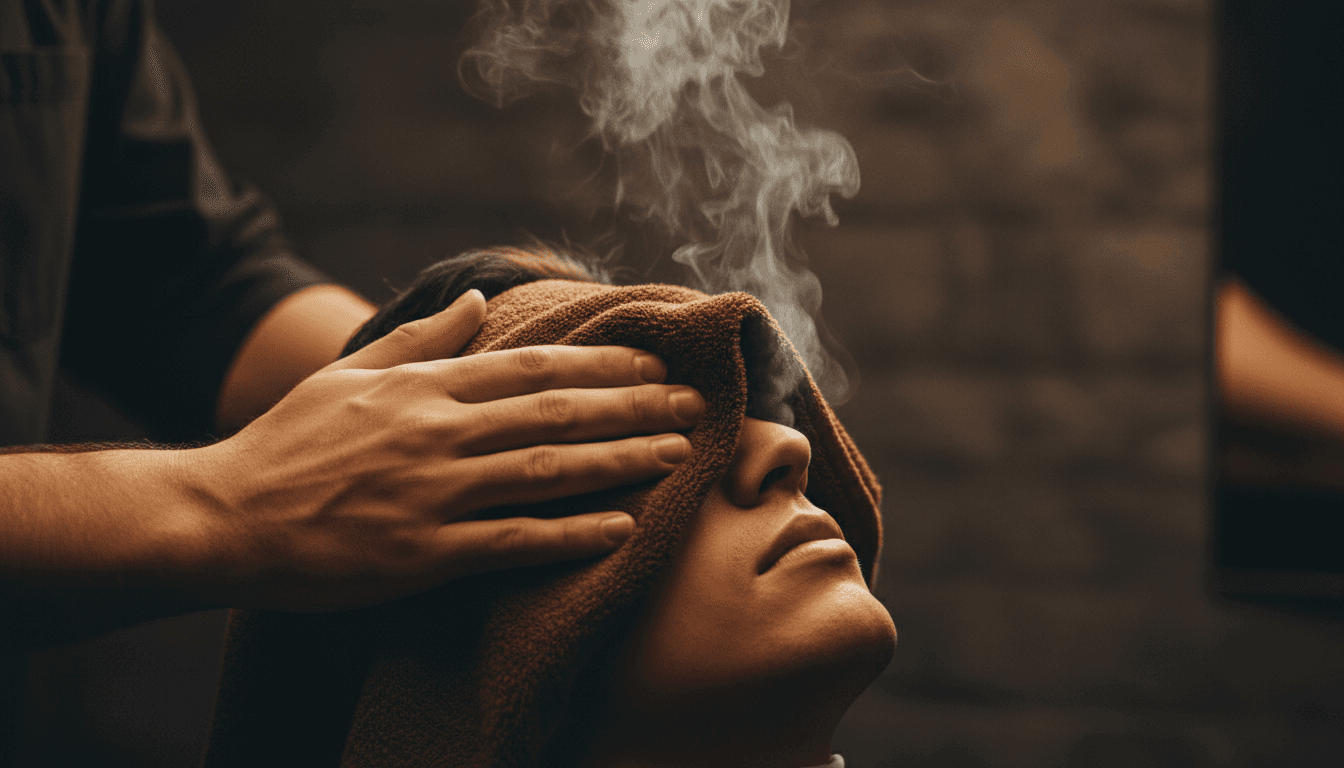 Hot towel treatment being applied to a client's face