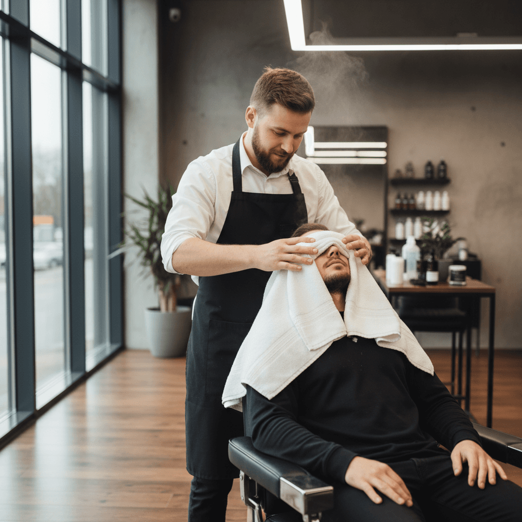 Barber placing a hot towel over a client's face in a modern studio
