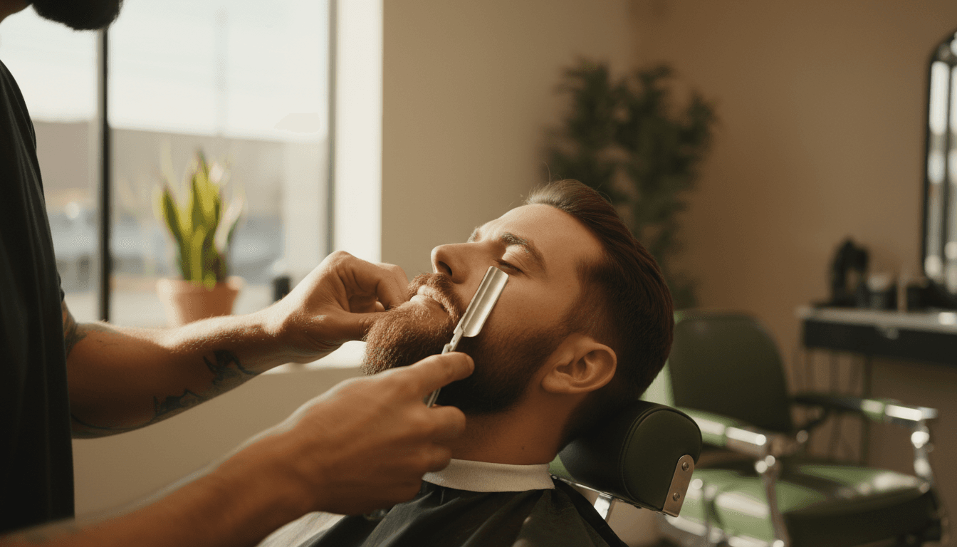 Barber shaping a client's beard line with a straight razor in a modern shop