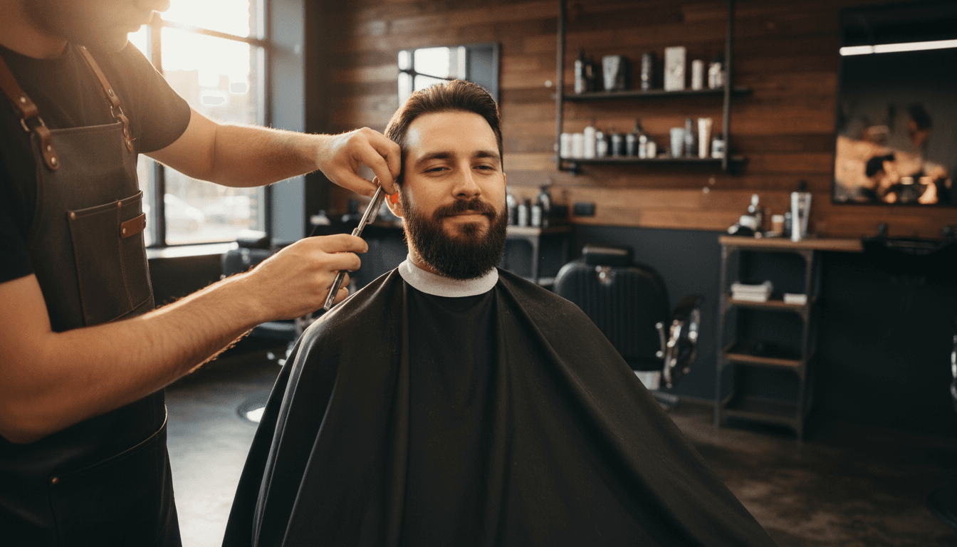 Barber shaping a beard line with a straight razor in a modern studio