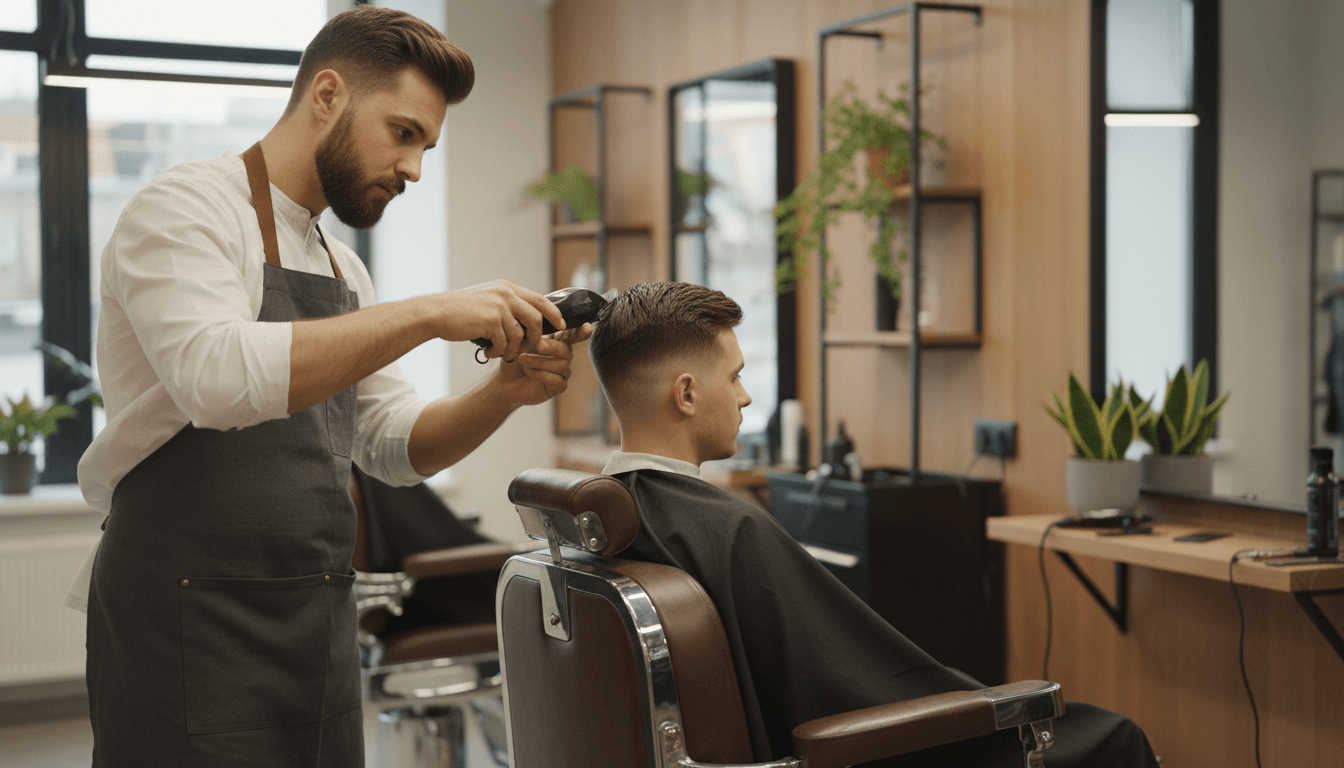 Barber trimming a client's hair with precision clippers in a modern studio