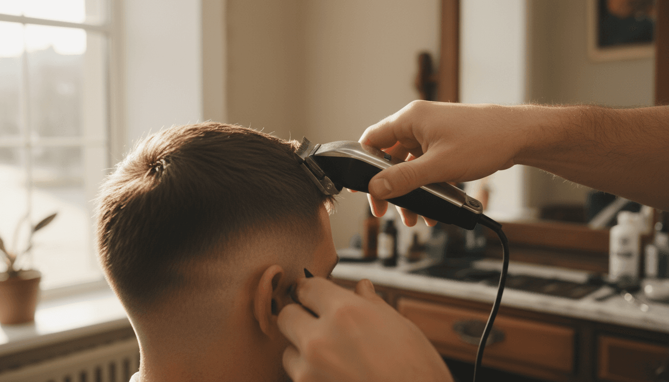 Barber trimming a low fade line near the client's temple with clippers