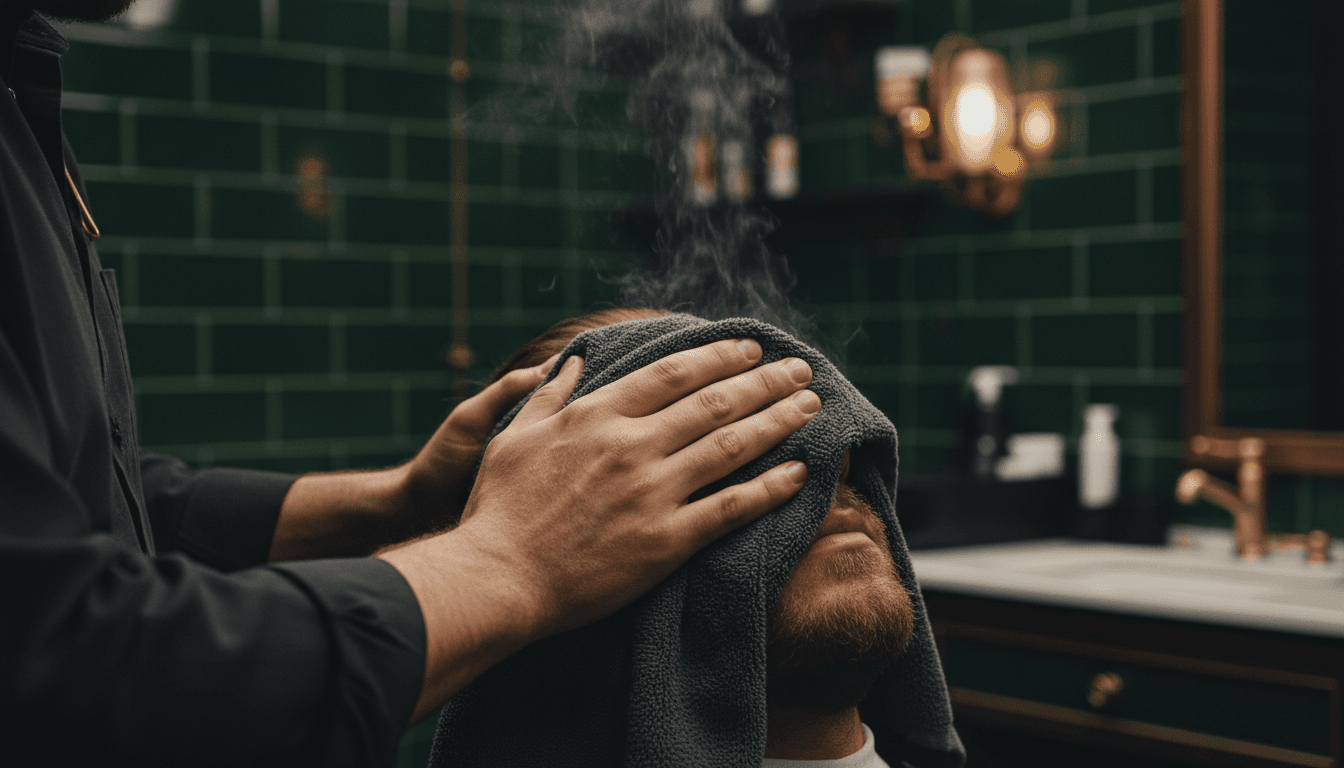 Barber applying a hot towel to a client's face in a moody, intimate close-up