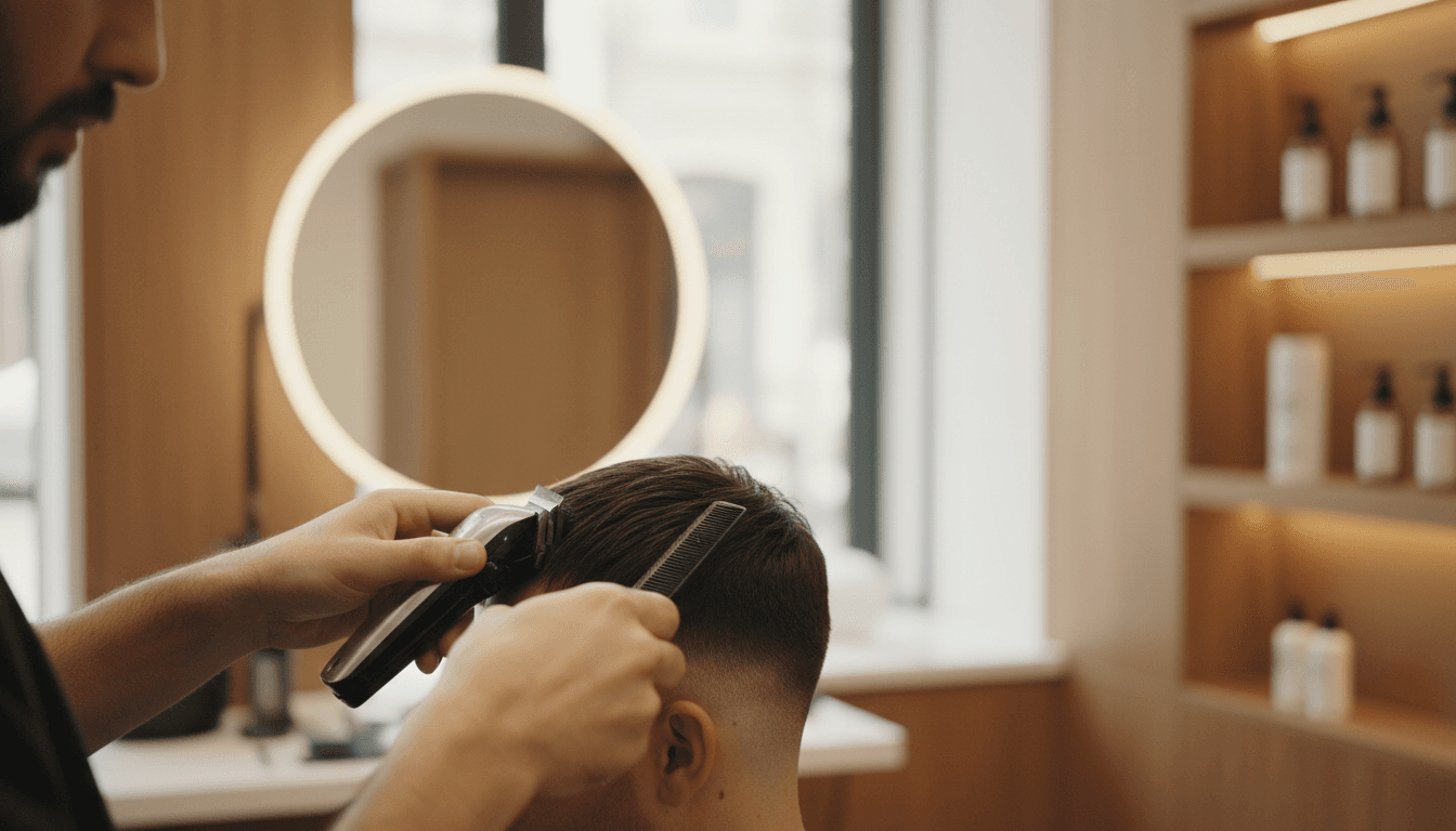 Barber's hands detailing a fade with clippers in a modern studio
