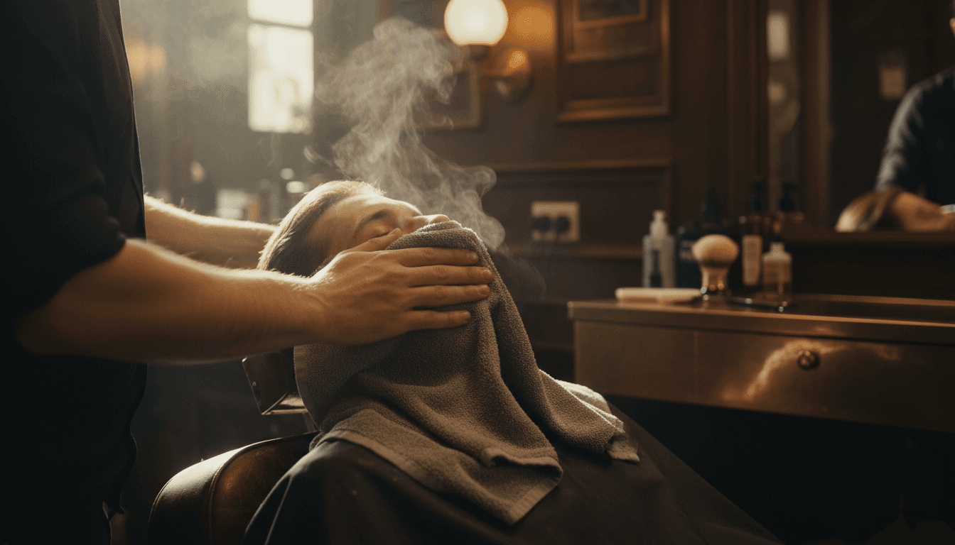 Barber applying a steaming hot towel to a relaxed client's face