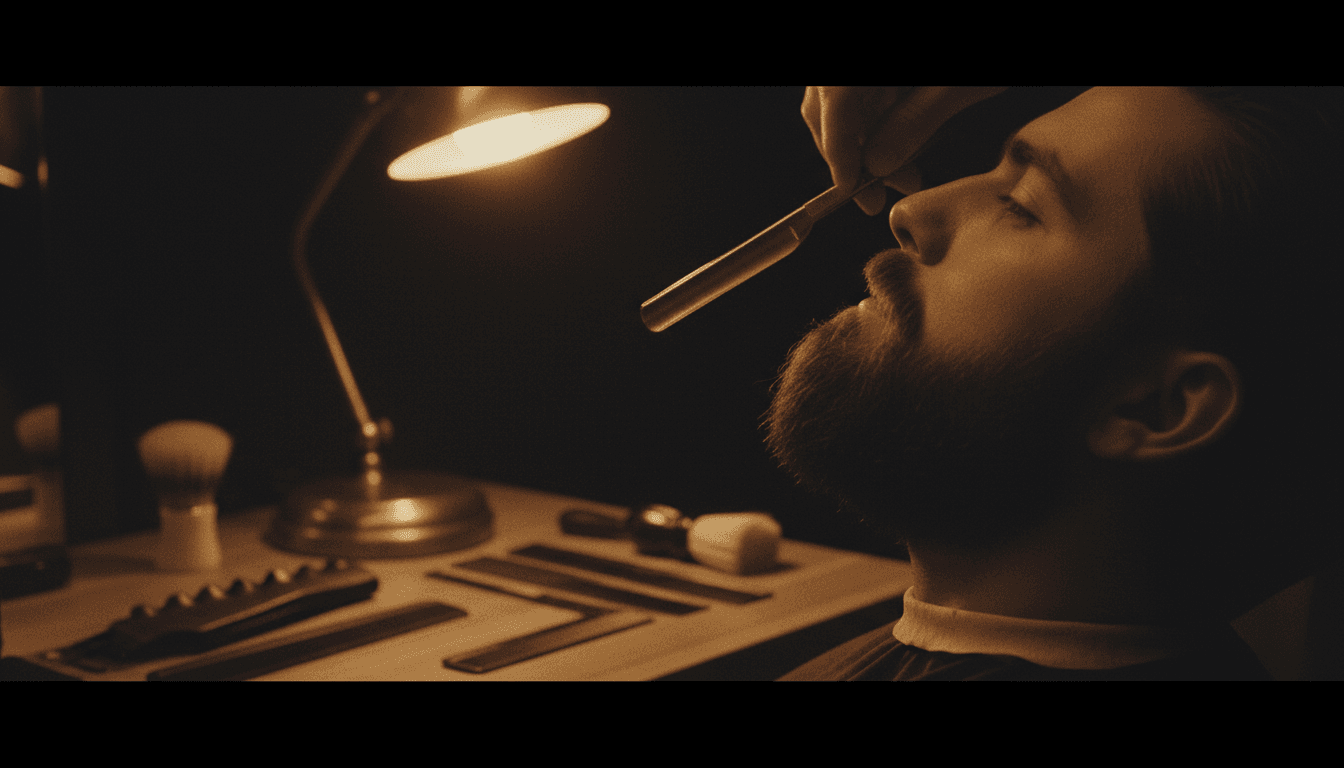 Close-up of a straight razor detailing a beard line-up at Excellent Cut Barbershop