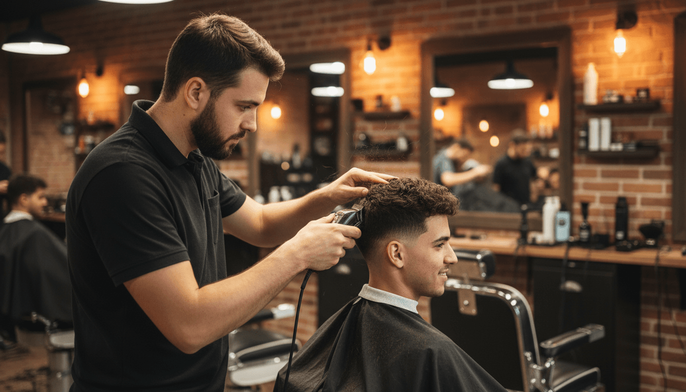 Barber blending a taper fade on the side of a client's head