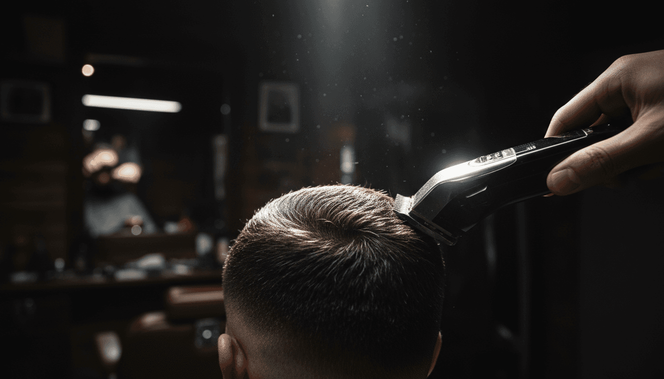 Close-up of clippers blending a fade at the back of a client's neck