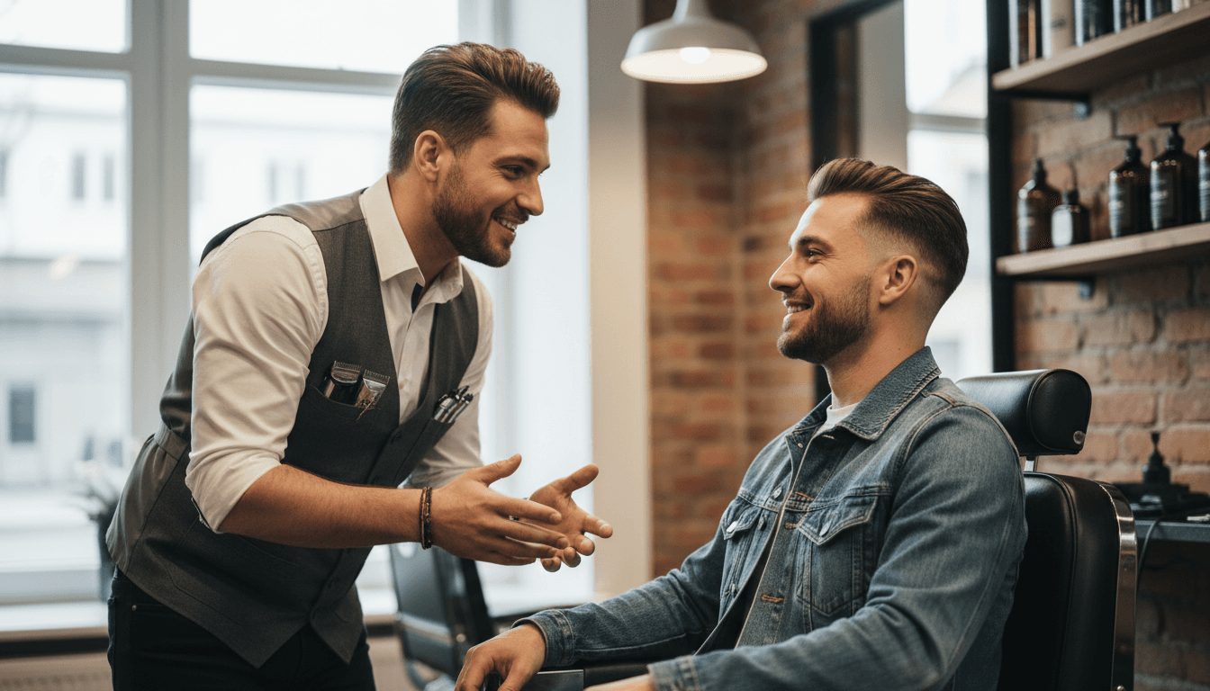 Barber discussing style with a client before a haircut