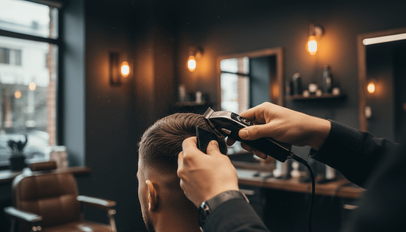Barber creating a precise skin fade with clippers in a modern Mission Valley barbershop