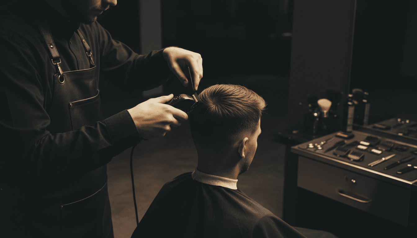 Barber blending a taper fade with clippers in a moody studio