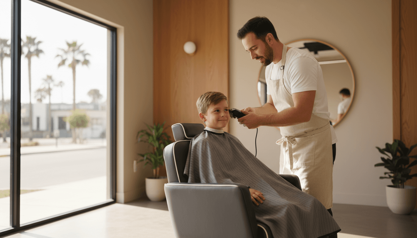 Barber trimming a young boy's hair in a modern studio