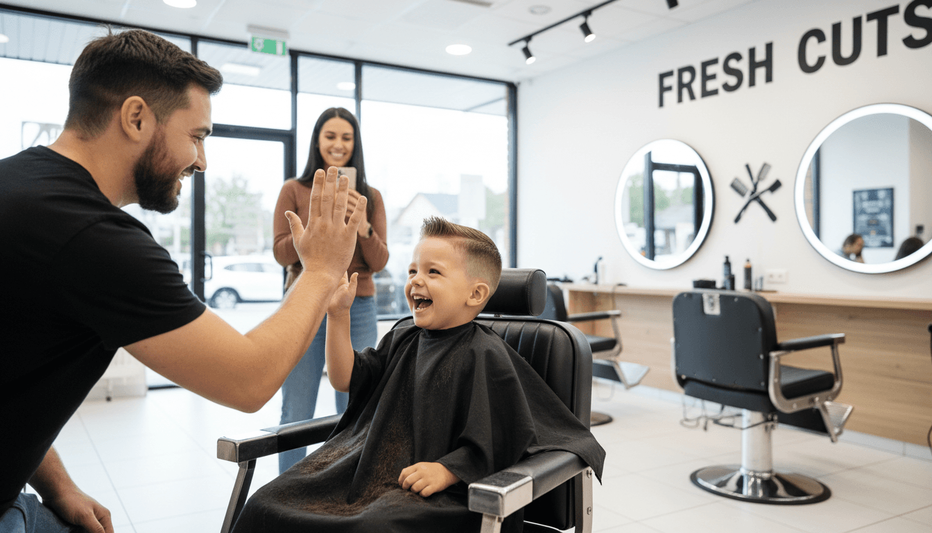 Happy child laughing in a barber chair after a haircut, giving a high-five