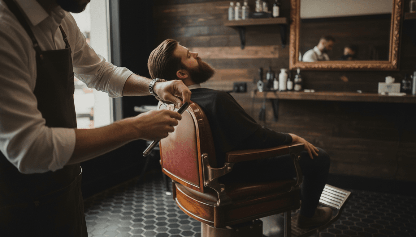 Barber shaping a client's beard with a straight razor in a Mission Valley studio