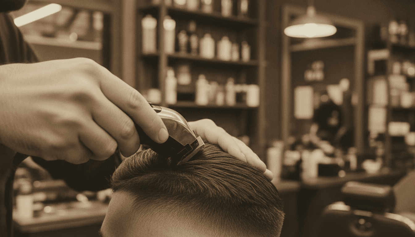 Barber defining a sharp hairline with a trimmer
