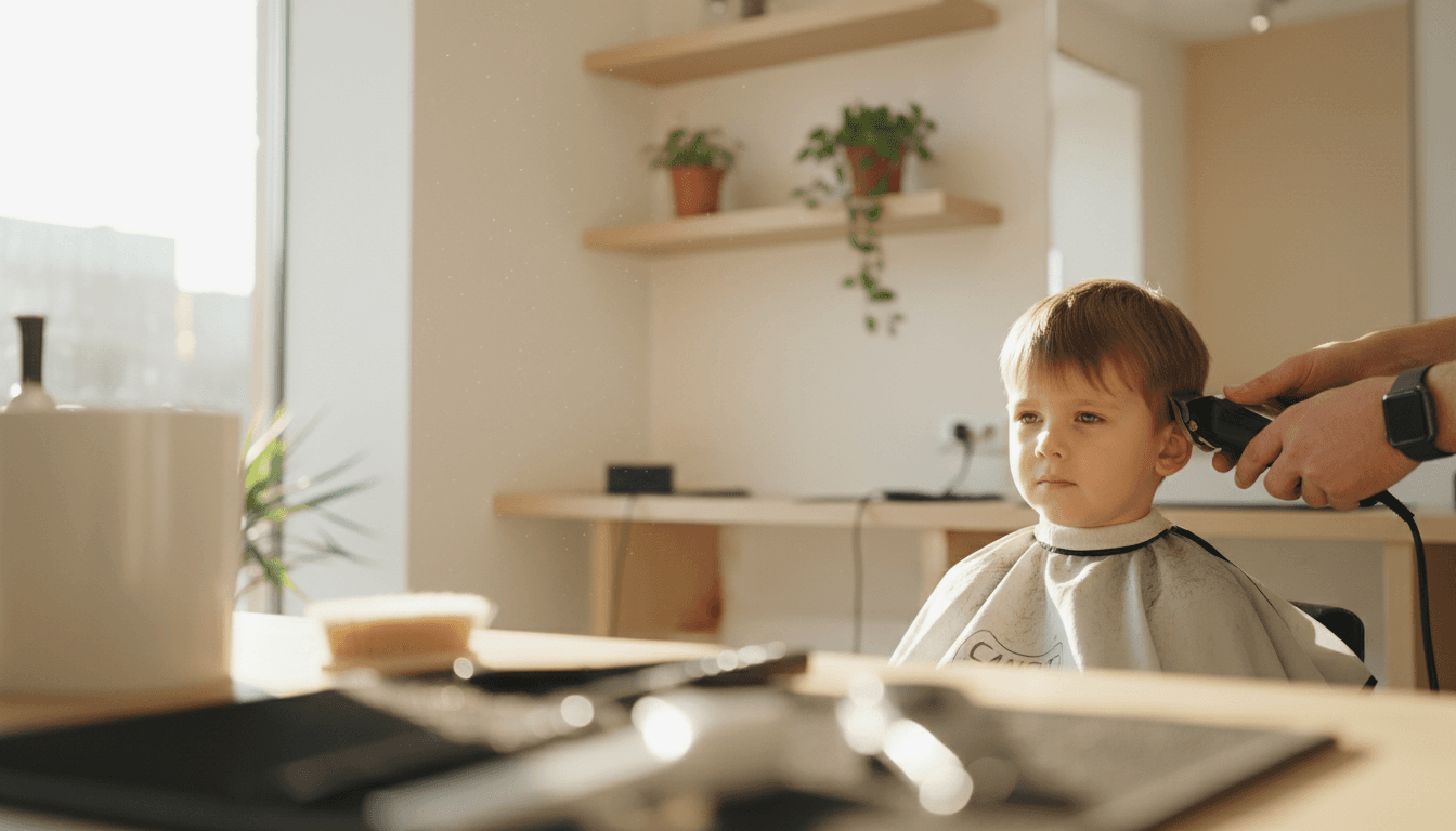 Young boy receiving a patient haircut from a barber in a modern studio