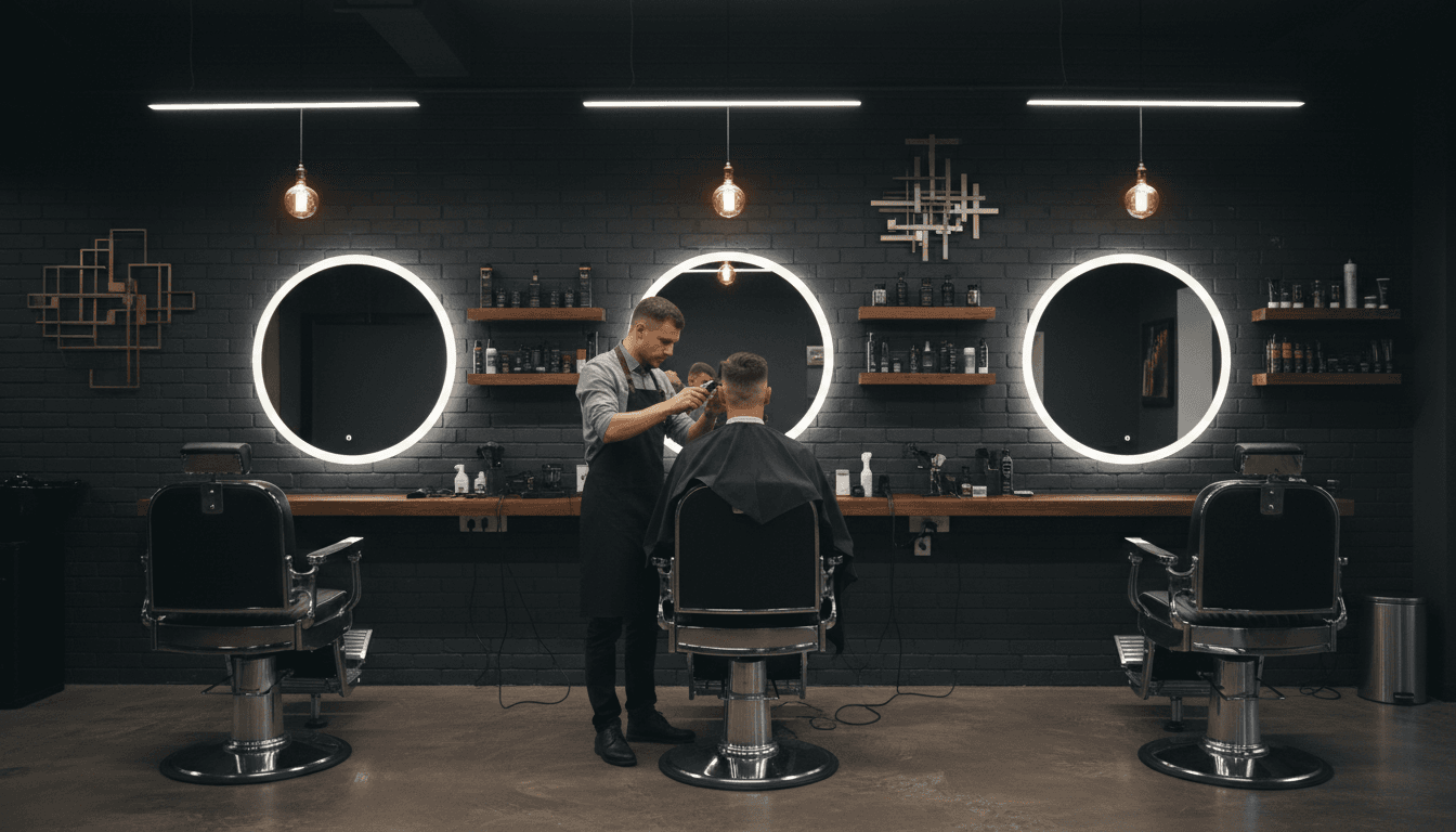 Barber trimming a skin fade in a modern barbershop