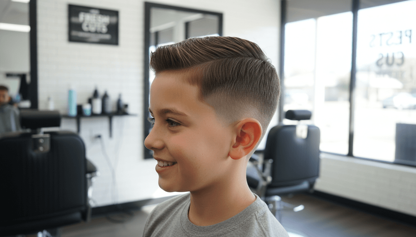 Smiling young boy with a fresh seamless fade haircut, side profile showing the fade
