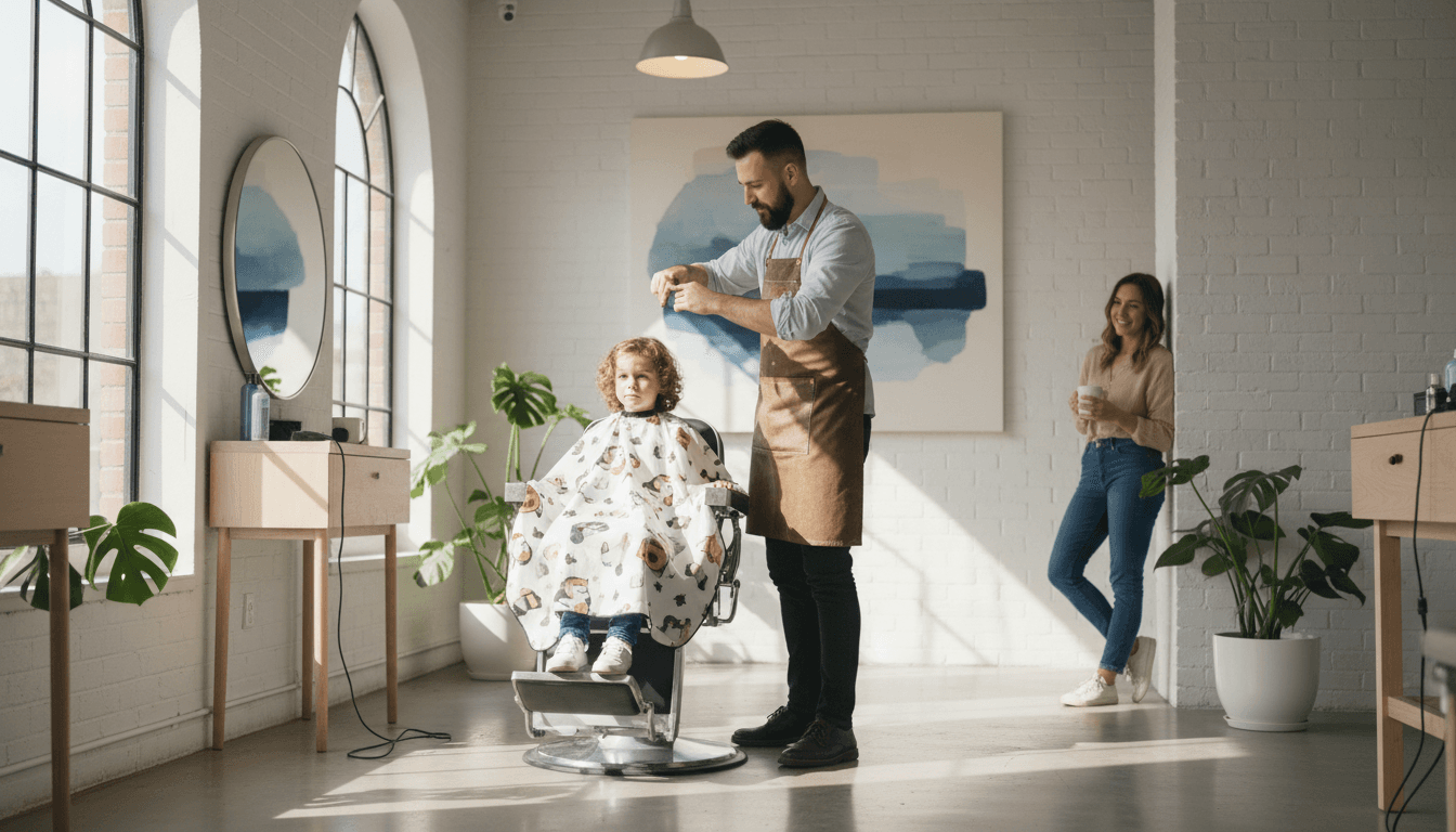 Young child sitting patiently in a barber chair while a barber trims their hair
