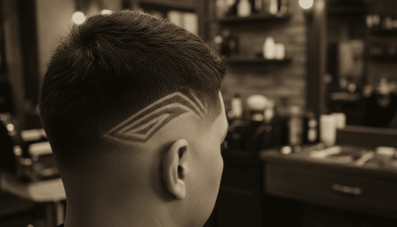 Close-up of a burst fade design wrapping around a client's ear