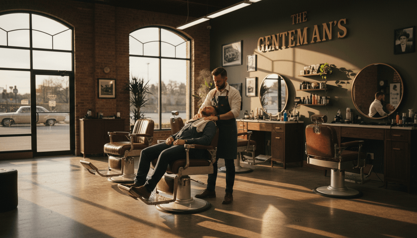 Barber applying a hot towel treatment in a welcoming modern barbershop