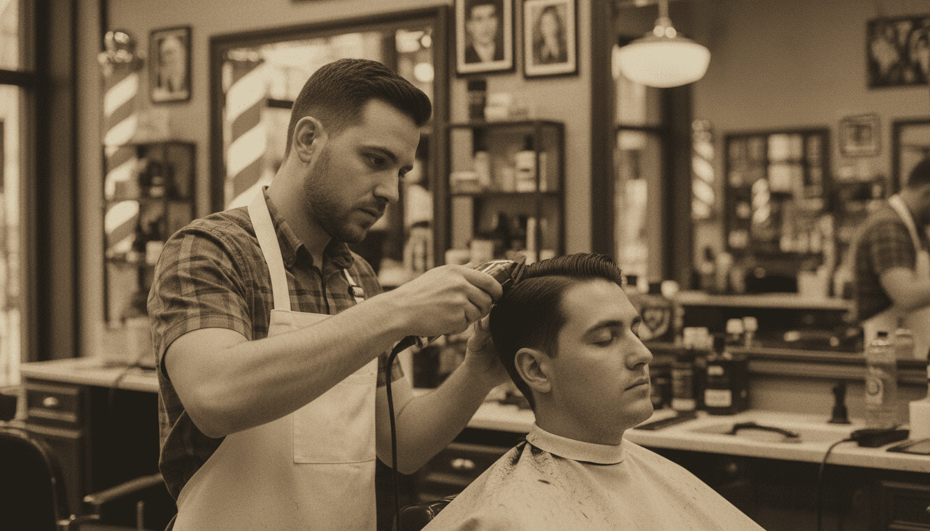 Barber using a trimmer to define a client's hairline