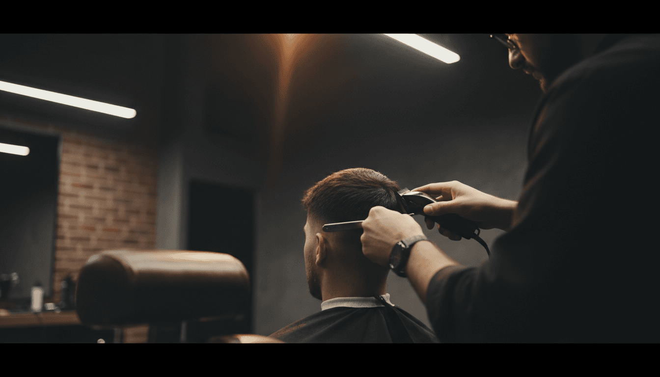 Barber giving a precise skin fade with clippers in a moody barbershop