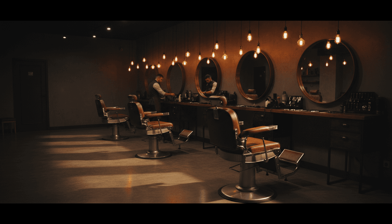Modern barbershop interior with leather chairs and warm lighting